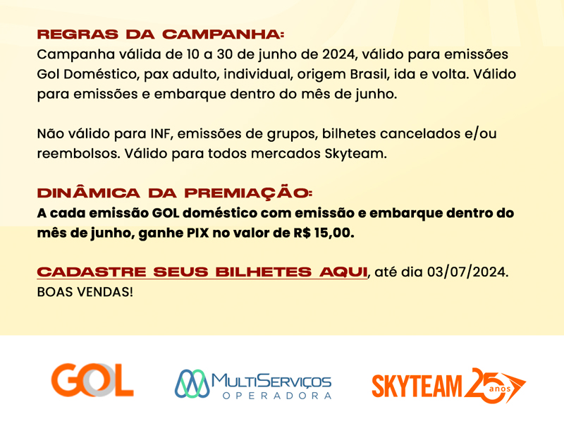 PIX DE R$15,00 GOL NA SKYTEAM. CAMPANHA EXCLUSIVA